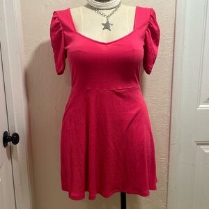 H&M Hot Pink Sweetheart Neck Puff Sleeve Mini Dress